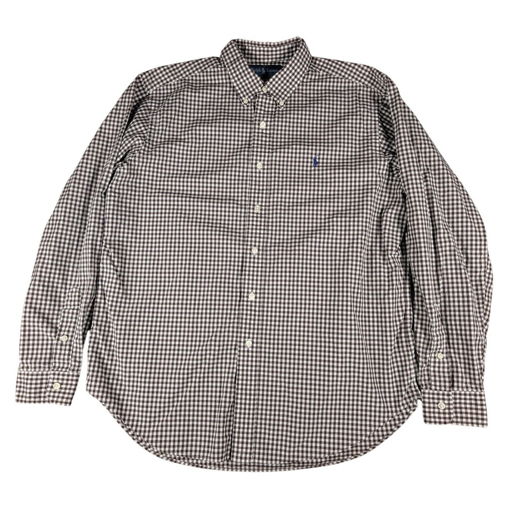 Ralph Lauren Mens XL Classic Fit Gingham Button Down Shirt Brown White Long Slee